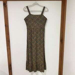 Ten Sixty Sherman Girls Floral Midi Dress XL Black Yellow Ditsy Rayon Tie Back
